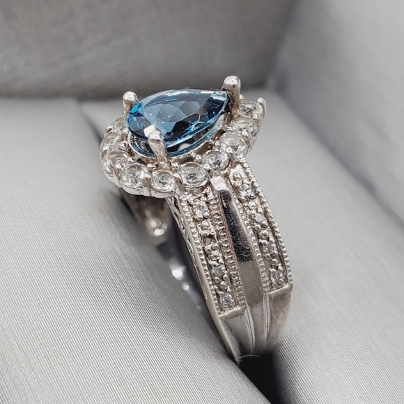 Genuine Pear London Blue & White Topaz 925 Sterling Silver Halo Ring - Picture 3 of 8